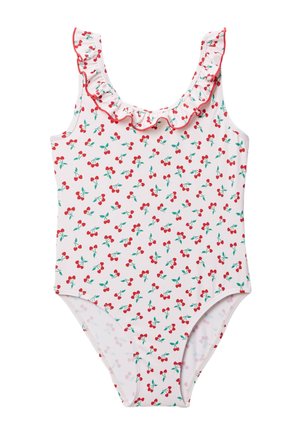 Maillot de bain une pièce blanc avec motif cerises rouges et encolure à volants bordée de rouge.