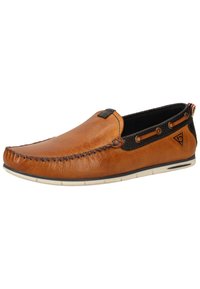 Braune Leder-Slipper mit genähtem Zehenbereich, schwarzen Akzenten und beigen Details. Verfügt über eine Gummisohle und Schnürösen für gestalterische Details.