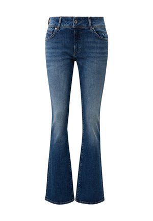 Ausgestellte Jeans aus Denim in dunkler Waschung, mit fünf Taschen, einem Reißverschluss vorne und einem Knopfverschluss. Weicher Stoff mit leichten Ausbleichungen an den Oberschenkeln.