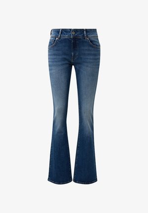 Uitgebreide denim jeans in een donkerblauwe wassing, met vijf zakken, een rits aan de voorkant en een knoopsluiting. Zachte textuur met een lichte vervaging op de dijen.