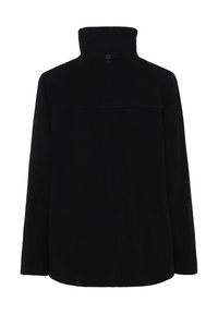 Black woolen coat with a high collar, long sleeves, and a straight cut. Features a simple design with no noticeable patterns or hardware.