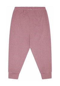 Roze en witte gestreepte katoenen broek met een elastische tailleband, taps toelopende pijpen en geribbelde boorden bij de enkels. Geen zichtbare zakken.