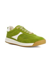 Green suede sneaker with white accents, round toe design, and golden eyelets. Features a textured rubber sole and cushioned interior.