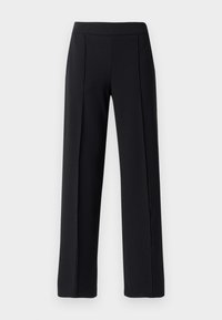Zwarte op maat gemaakte broek met een wijde pijpdesign, gemaakt van een gladde, rekbare stof; heeft voorplooien en een elastische tailleband.