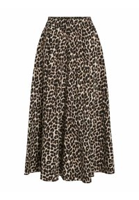 Gonna maxi a stampa leopardata realizzata in tessuto morbido, con vita elastica, forma fluida e una combinazione di colori beige e marrone scuro.