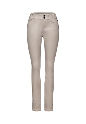 Beige, schmal geschnittene Hose mit glatter Textur, zwei Fronttaschen und zwei Knopfverschlüssen am Bund. Keine sichtbaren Muster oder Akzente.