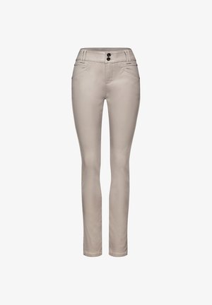 Beige, schmal geschnittene Hose mit glatter Textur, zwei Fronttaschen und zwei Knopfverschlüssen am Bund. Keine sichtbaren Muster oder Akzente.