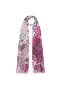 Foulard di seta con motivo floreale in tonalità di rosa e verde, caratterizzato da una texture semi-trasparente e un design leggero e morbido.