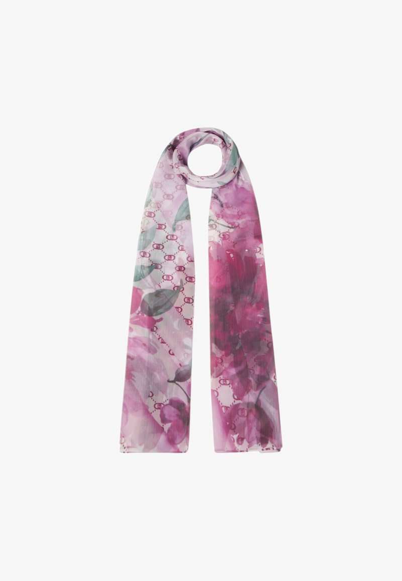 Foulard di seta con motivo floreale in tonalità di rosa e verde, caratterizzato da una texture semi-trasparente e un design leggero e morbido.
