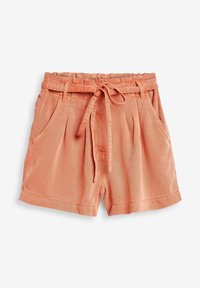 Pantaloni corti color pesca realizzati in tessuto leggero, con una cintura elastica con cordoncino, due tasche laterali e dettagli plissettati.