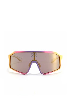Sportsonnenbrille mit großen braunen, umschließenden Gläsern und einem bunten Gestell in Gelb-, Pink- und Lilatönen.