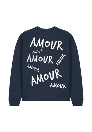 Navy cotton sweatshirt featuring scattered white text reading "AMOUR" in various fonts and orientations. Classic crew neck and ribbed cuffs.