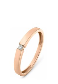 Ring aus Roségold mit einem glatten, abgerundeten Band und einem einzelnen runden Diamantakzent an der Vorderseite. Polierte Oberfläche mit einem dezenten modernen Design.