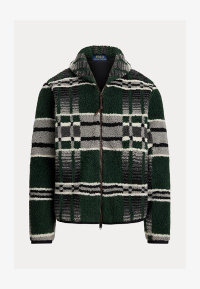 Fleece zip-up jakke med et grønt, grått og svart rutete mønster, med høy krage og brune glidelåsdetaljer. Myk tekstur.