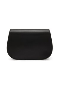 Sac à main en cuir noir avec une forme rectangulaire arrondie et structurée. Présente des lignes nettes, des coutures discrètes et une texture lisse.