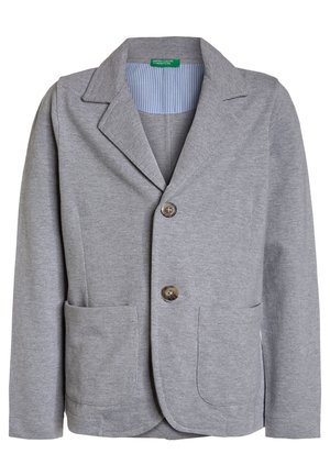 Szara marynarka wykonana z miękkiego materiału, z wyciętym kołnierzem, dwoma przednimi kieszeniami oraz brązowymi guzikami, z niebieską, paskowaną podszewką.