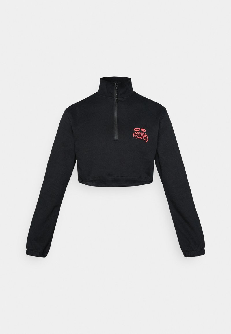 Black cropped sweatshirt with a high collar, half-zip closure, and long sleeves. Features red graphic text and a smooth texture.