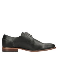 Black leather men's dress shoe with lace-up front, textured toe and heel, and brown sole with low wooden heel.