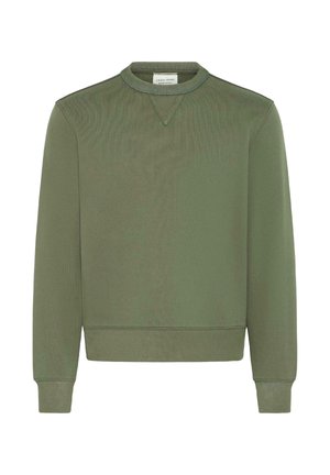 Sudadera verde oliva hecha de una mezcla de algodón suave, con cuello redondo, puños acanalados y un dobladillo recto con detalles sutiles de costura.