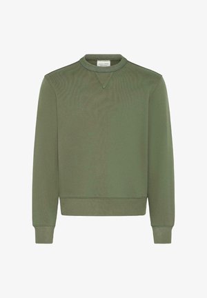Sudadera verde oliva hecha de una mezcla de algodón suave, con cuello redondo, puños acanalados y un dobladillo recto con detalles sutiles de costura.
