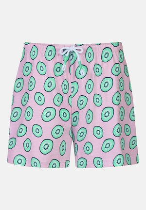 Roze korte broek met groene kiwi-fruitprint en een witte trekkoord in de elastische tailleband.