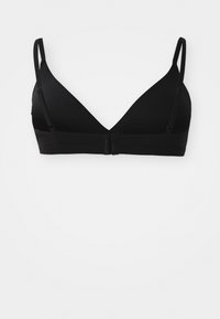 Soutien-gorge triangle noir avec bretelles réglables, en tissu lisse, et fermeture à crochets à l'arrière. Design simple sans motifs ni accents supplémentaires.