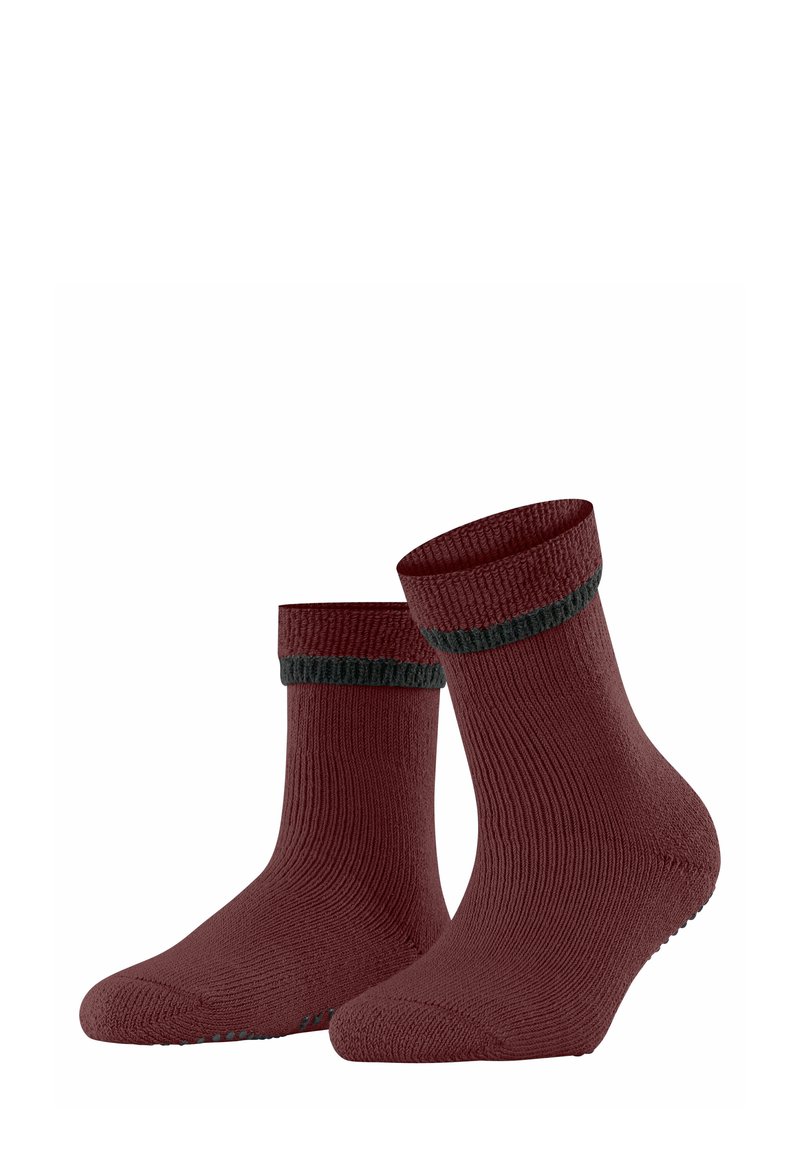 Burgunderfarbene Socken mit gerippter Textur und einem dunkelgrünen Band am oberen Rand, ausgestattet mit einer gepolsterten Sohle für zusätzlichen Komfort.