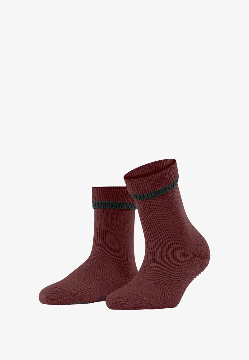 Bordeauxkleurige sokken met ribbelstructuur en een donkergroene band aan de bovenkant, met een gevoerde zool voor extra comfort.