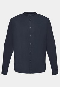 Marineblauw overhemd met lange mouwen van katoen, met een knoopsluiting aan de voorkant en een staande kraag. Slim fit met een gladde textuur en zonder zichtbare patronen.