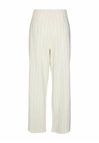 Witte, wijde broek met verticale streepjes. Heeft een hoge taille, twee achterzakken en een gladde stofstructuur.
