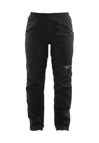 Zwarte waterdichte broek met een elastische tailleband, taps toelopende pijpen en een klein logo op de linker bovenbeen. Gladde, lichtgewicht stof.