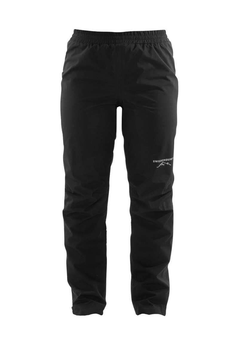 Zwarte waterdichte broek met een elastische tailleband, taps toelopende pijpen en een klein logo op de linker bovenbeen. Gladde, lichtgewicht stof.