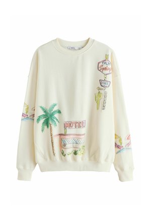 Off-white Sweatshirt mit bunten Illustrationen im Retro-Stil von Motel, Palme, Kaktus und Diner-Schildern auf Vorderseite und Ärmeln.