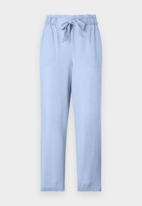 Pantalones de color azul claro, fabricados con una tela suave, con una cinturilla elástica, detalle de lazada y un corte relajado. Piernas rectas sin adornos adicionales.