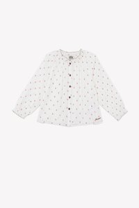 White blouse with red floral pattern, long sleeves, round neckline, pleated detailing, button-up front, and small embroidered logo on hem.