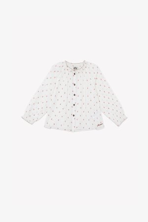 Balta palaidinė su raudonu gėlių raštu, ilgomis rankovėmis, apvaliu iškirpimu, pločiu detalėmis, mygtukų užsegimu priekyje ir mažuoju išsiuvinėtu logotipu apvade.