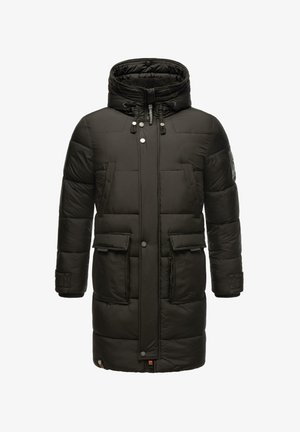 Sort hættepufferjakke med lynlås, to forlommer og kviltet tekstur. Har justerbar snor og logo-patch.