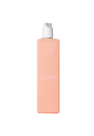 Pfirsichfarben rechteckige Flasche mit weißer Pumpe, beschriftet mit "Hydrater" und "EL'LEURE Professional" auf weißem Hintergrund.