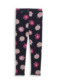Marine leggings van rekbaar materiaal met een bloemenpatroon in roze en roomkleur, met variërende groottes van madeliefjes door de stof heen.