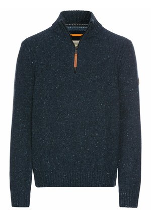 Knitted navy blue pullover sweater with a high collar and quarter-zip, featuring a textured fabric and leather zipper pull detail.