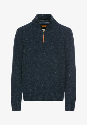 Gebreid marineblauw pullover trui met een hoge kraag en een kwart-rits, voorzien van een textuurstof en een leren ritstrekkertje.