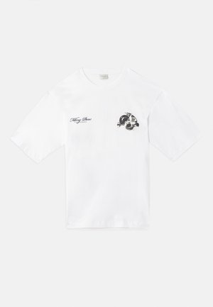White cotton t-shirt featuring a graphic design on the left chest. Short sleeves, crew neck, and relaxed fit.