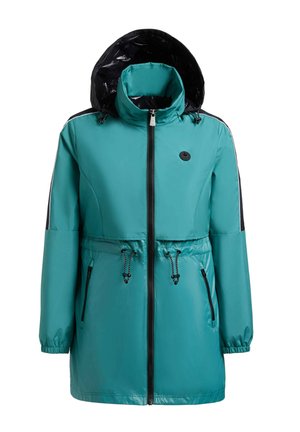 Giacca antipioggia lunga color verde acqua con cappuccio nero regolabile, cerniera frontale, due tasche con cerniera, polsini elasticizzati e coulisse in vita.