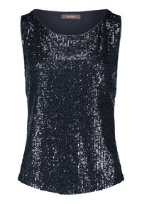Débardeur sans manches en tissu bleu marine foncé recouvert de sequins brillants, avec un col rond et un ourlet droit. Étiquette : Vera Mont.