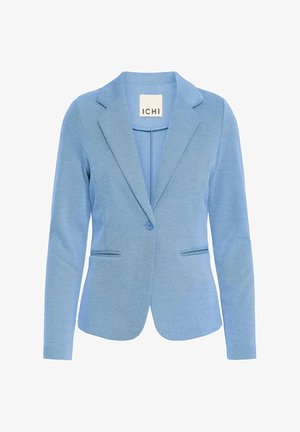 Blazer su misura azzurro chiaro con colletto a reversal, due tasche frontali e chiusura con un solo bottone, realizzato in tessuto testurizzato.