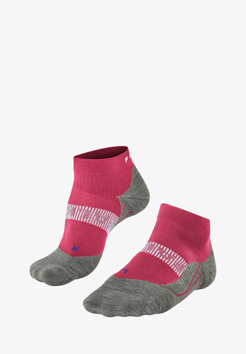 Knöchellange Socken mit einem pinken Oberteil und weißen Streifen sowie grauen unteren Teilen. Sie bestehen aus dehnbarem Stoff und haben verstärkte Zehen- und Fersenbereiche.
