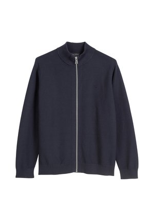 Marine ritsweater met hoge kraag, gestructureerde stof en elastische manchetten. Bevat een minimalistisch logo op de borst en een zilveren rits.
