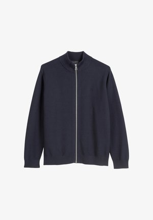 Maglione zip con collo alto di colore blu navy, in tessuto a trama e con polsini elastici. Presenta un logo minimale sul petto e una zip argentata.