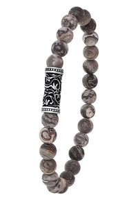 Beaded bracelet featuring gray and brown marbled stones, with a central black metal accent adorned with ornate silver detailing.