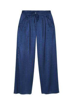 Marineblauwe wijd uitlopende broek van soepel stof, met een trekkoord in de taille, plooien aan de voorkant en een ontspannen pasvorm.